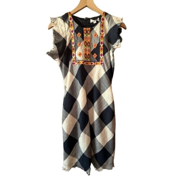 THML Dresses & Skirts - Women's NWT S THML Blue Plaid Aztec Embroidered Detail Front Dress